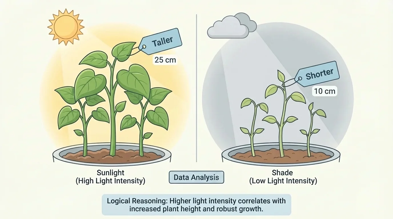 illustration of two sets of bean plants, one in sunlight and one in shade, with simple height tags showing taller and shorter plants