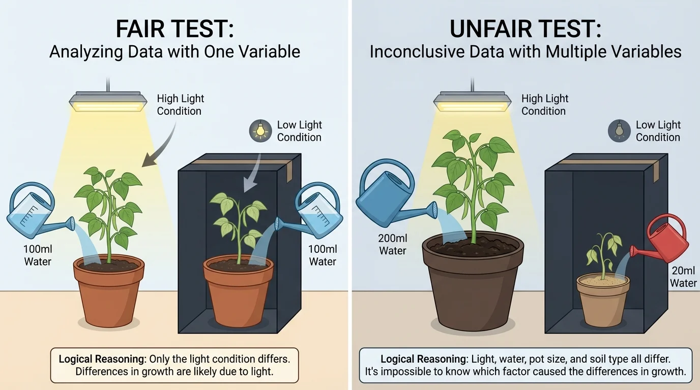 illustration comparing a fair plant test with two similar plants differing only in light, and an unfair test where light, water, and pot size all differ