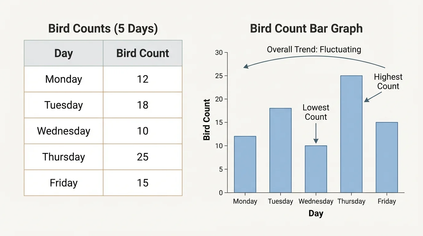 chart showing bird counts for five days in a simple table next to a matching bar graph with days labeled Monday to Friday and counts increasing and decreasing