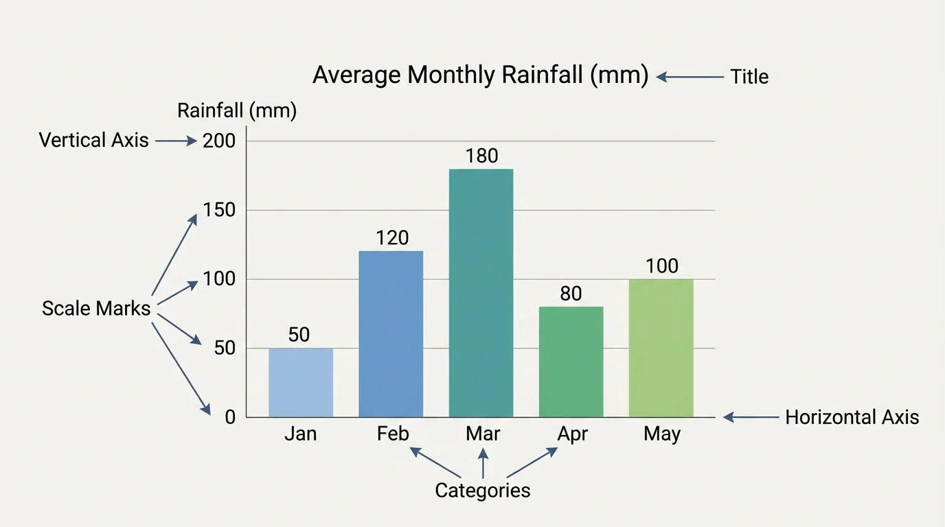 diagram of a bar graph with arrows labeling the title, horizontal axis, vertical axis, categories, and scale marks