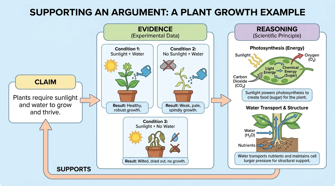 claim connected to evidence and then to reasoning in a simple science example about plant growth