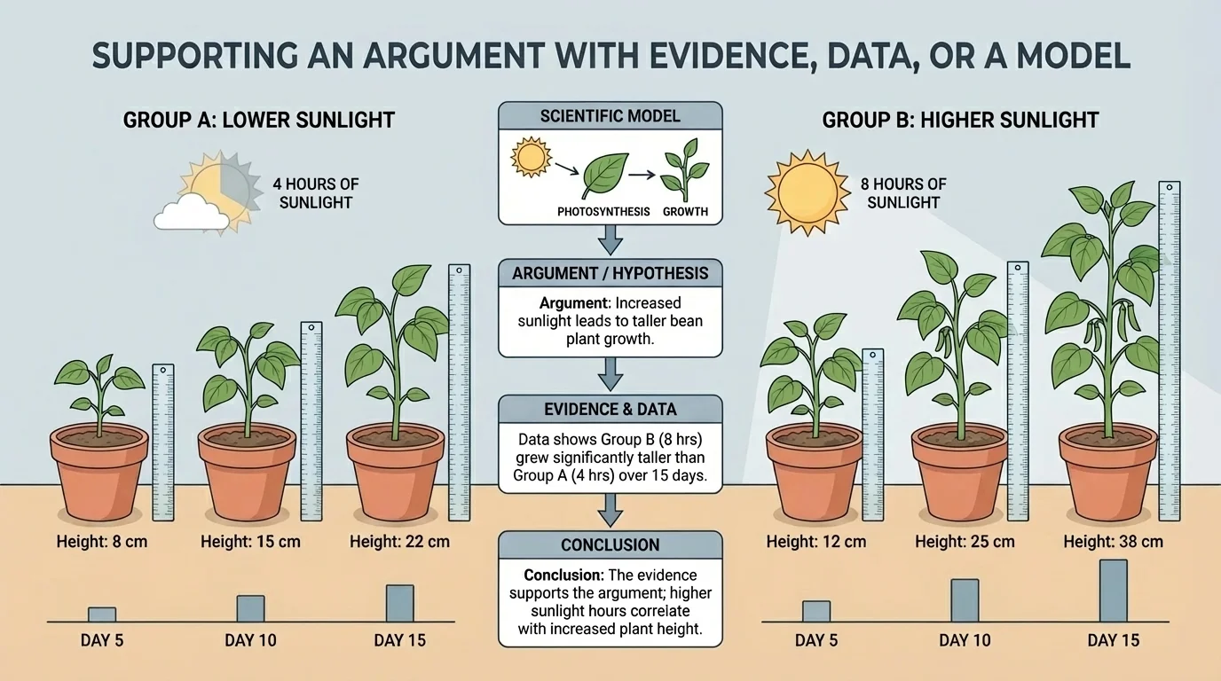 two groups of bean plants with different hours of sunlight and measured heights over several days, showing taller growth in the higher-sunlight group