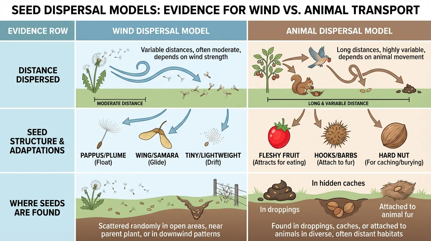 Chart comparing two seed-dispersal models, one by wind and one by animals, with evidence rows for distance, seed structure, and where seeds are found