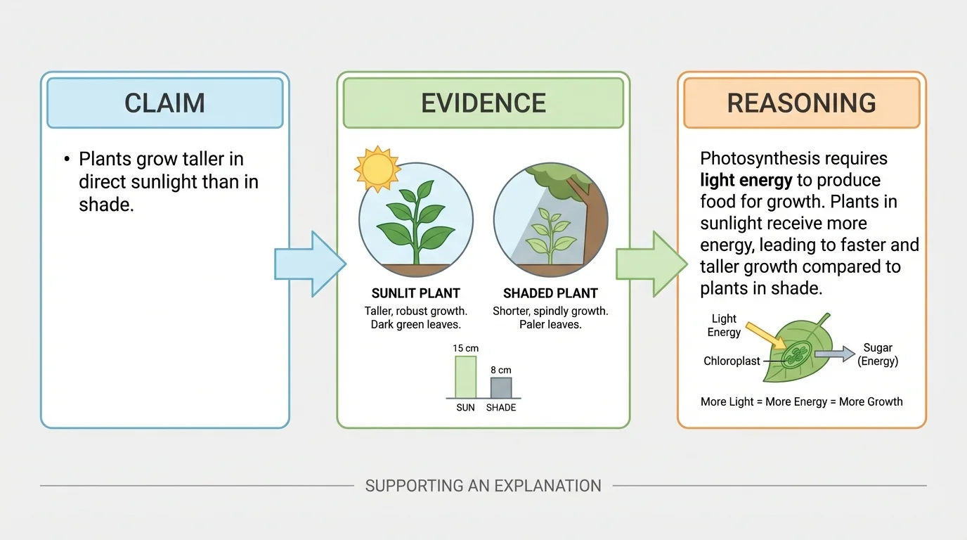 Diagram of three connected boxes labeled claim, evidence, and reasoning, using plant growth in sun versus shade as the example
