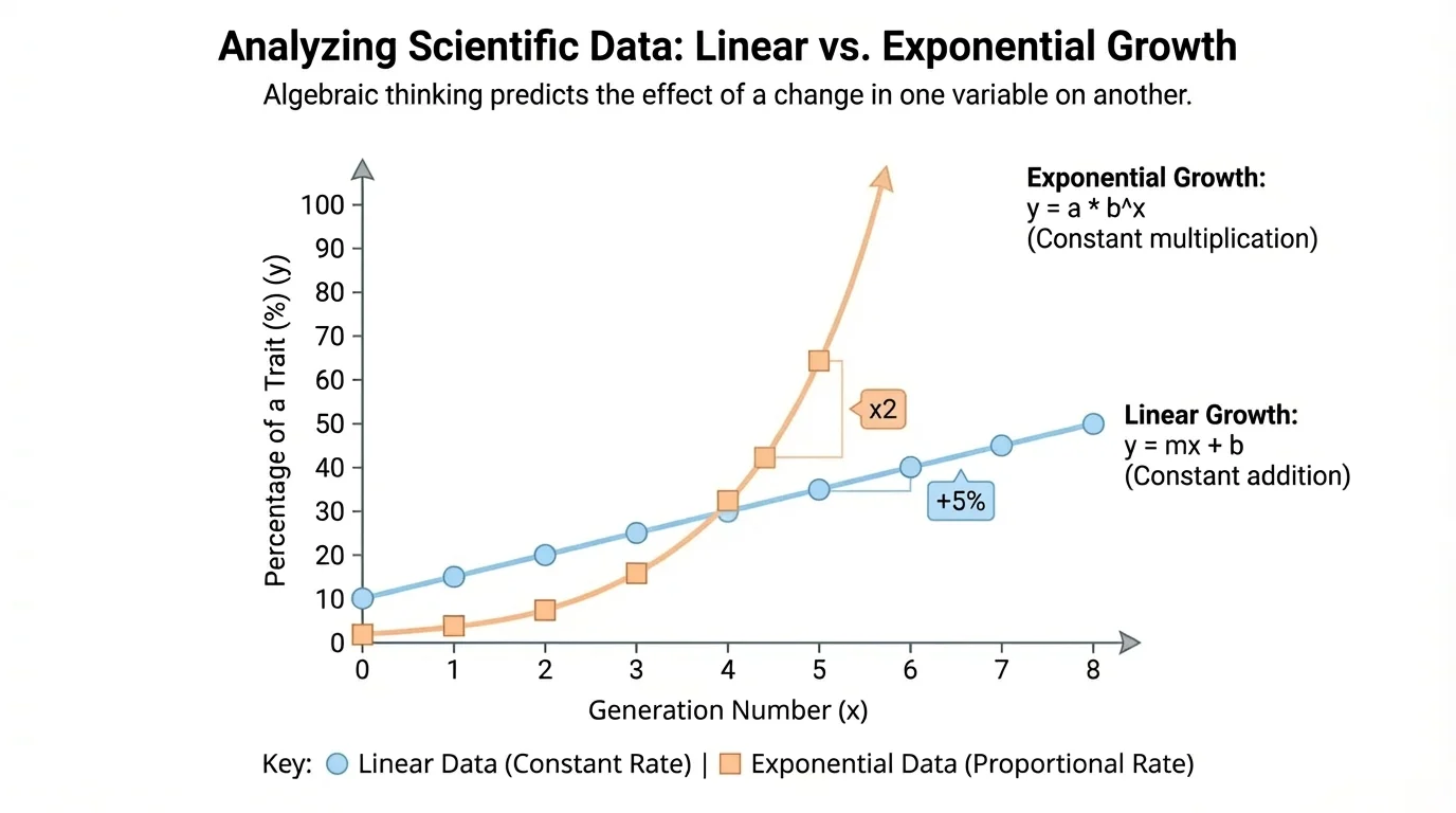 graph of percentage of a trait versus generation number with labeled independent and dependent variables, showing data points and a trend line