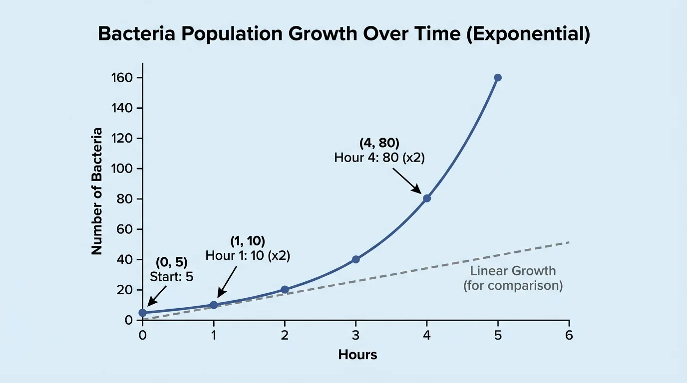 graph of bacteria population doubling each hour, starting slowly and then rising steeply, axes labeled hours and number of bacteria