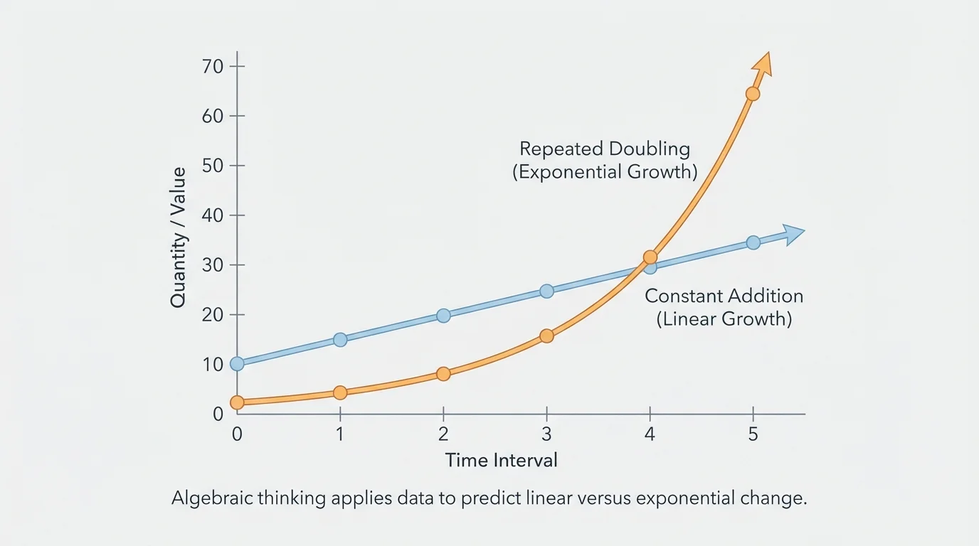 two curves on the same axes comparing constant addition and repeated doubling over the same time interval, with one straight line and one steep curve