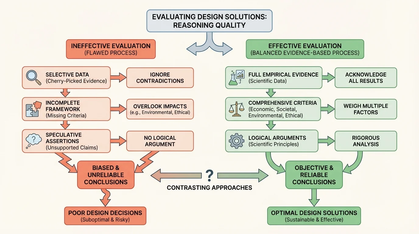 flowchart contrasting cherry-picked evidence, missing criteria, and unsupported claims with balanced evidence-based reasoning
