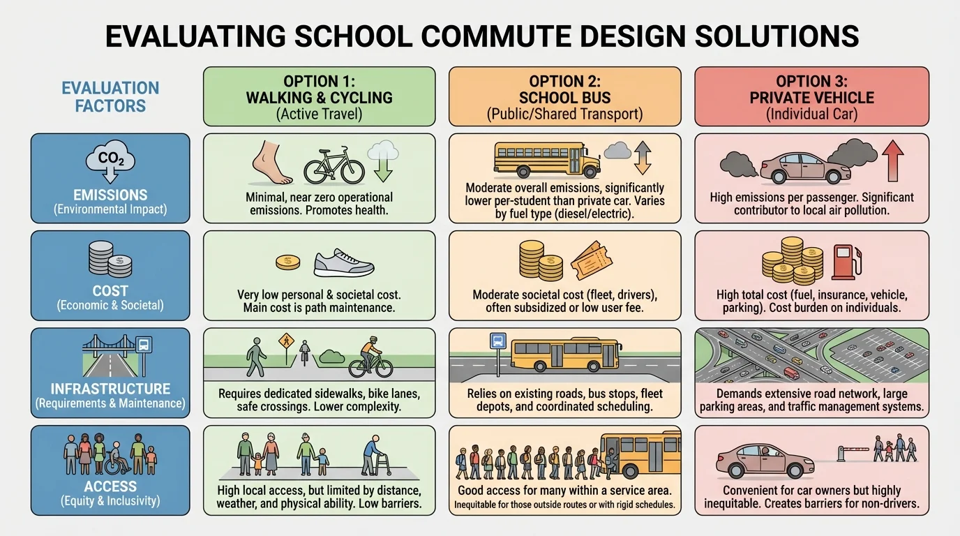 illustration with three school commute options and icons for emissions, cost, infrastructure, and access