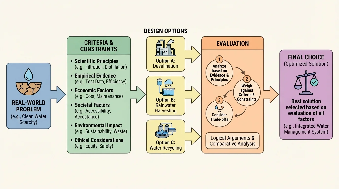 flowchart showing a real-world problem leading to criteria and constraints, then multiple design options, then evaluation and final choice