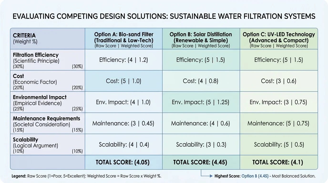 chart of a weighted decision matrix with rows for criteria and columns for three design options, plus totals
