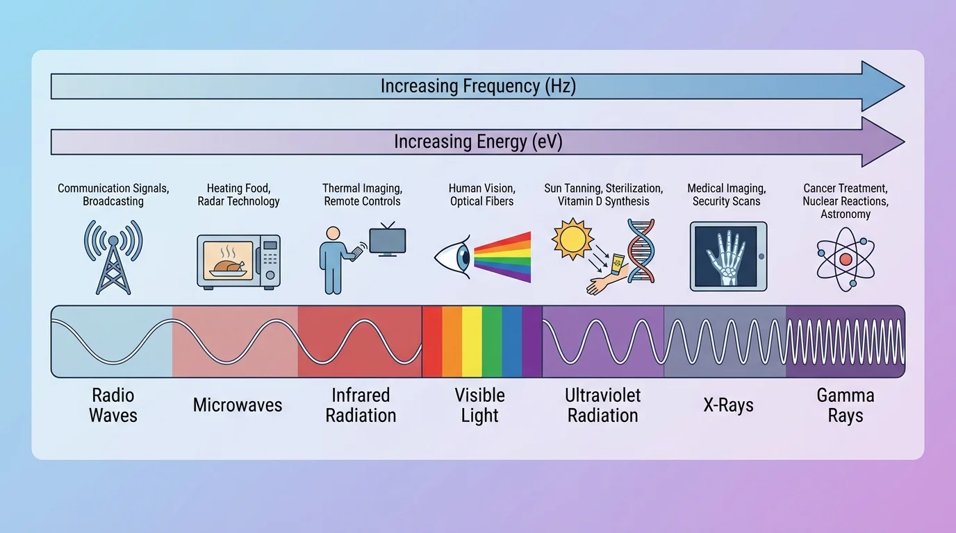 Electromagnetic spectrum from radio waves to gamma rays with arrows showing increasing frequency and energy and example interactions with matter