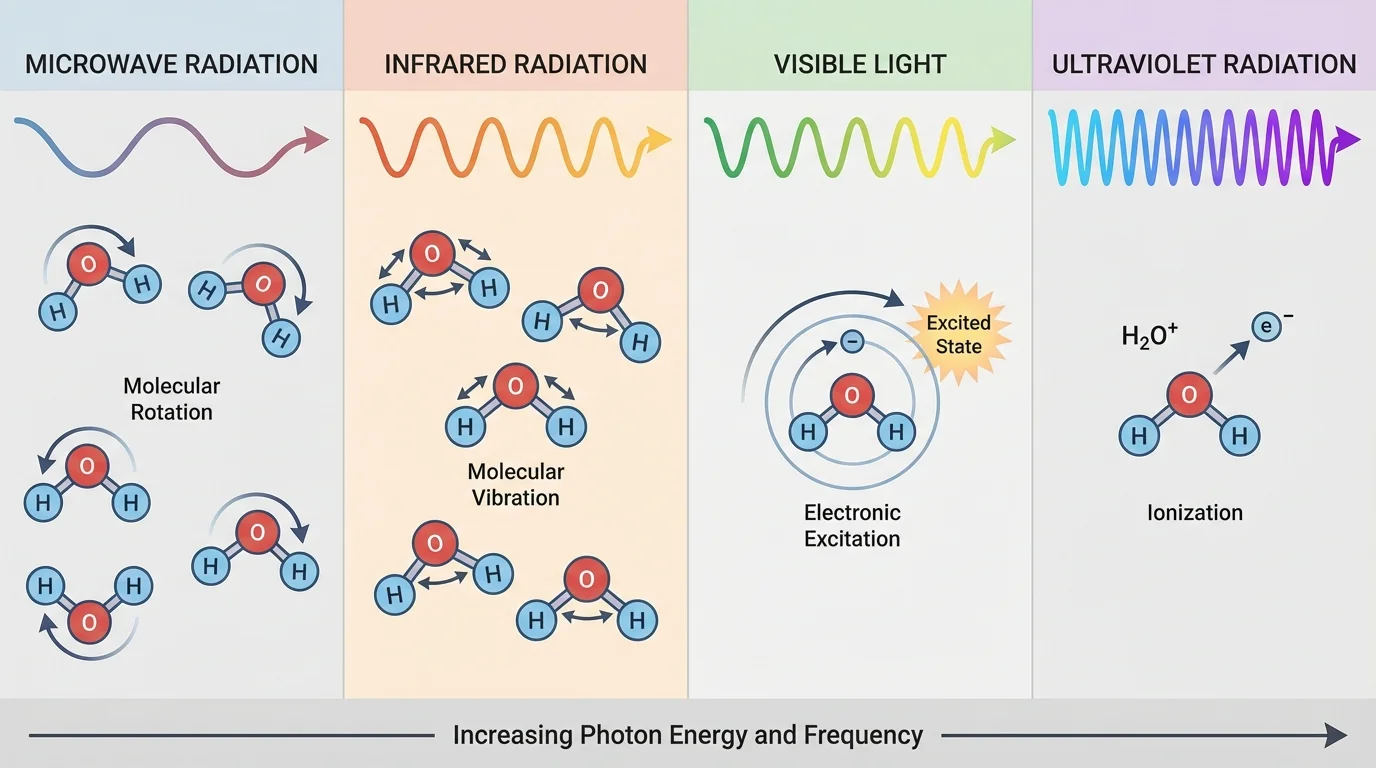 Diagram comparing microwave heating of water molecules, infrared molecular vibration, visible light electronic excitation, and UV ionization effects