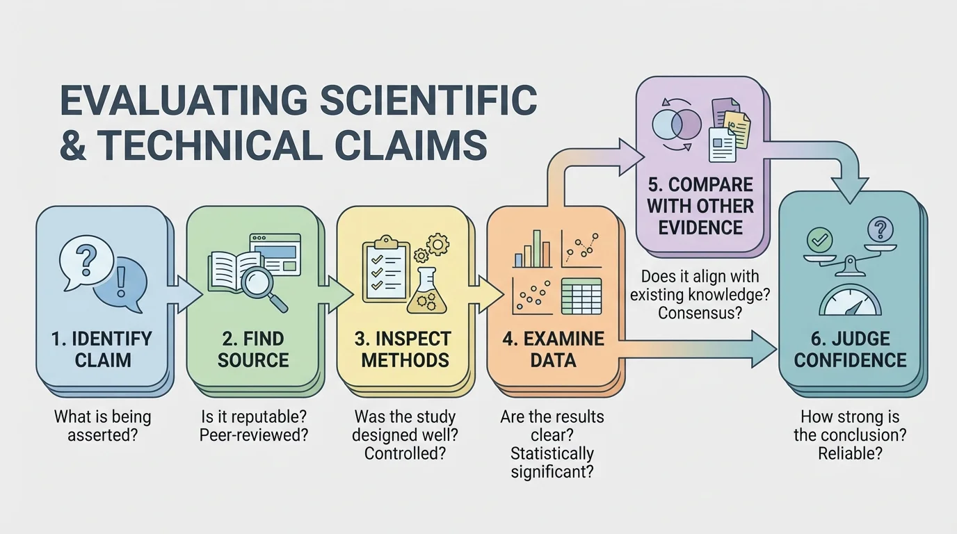 Flowchart with steps identify claim, find source, inspect methods, examine data, compare with other evidence, judge confidence
