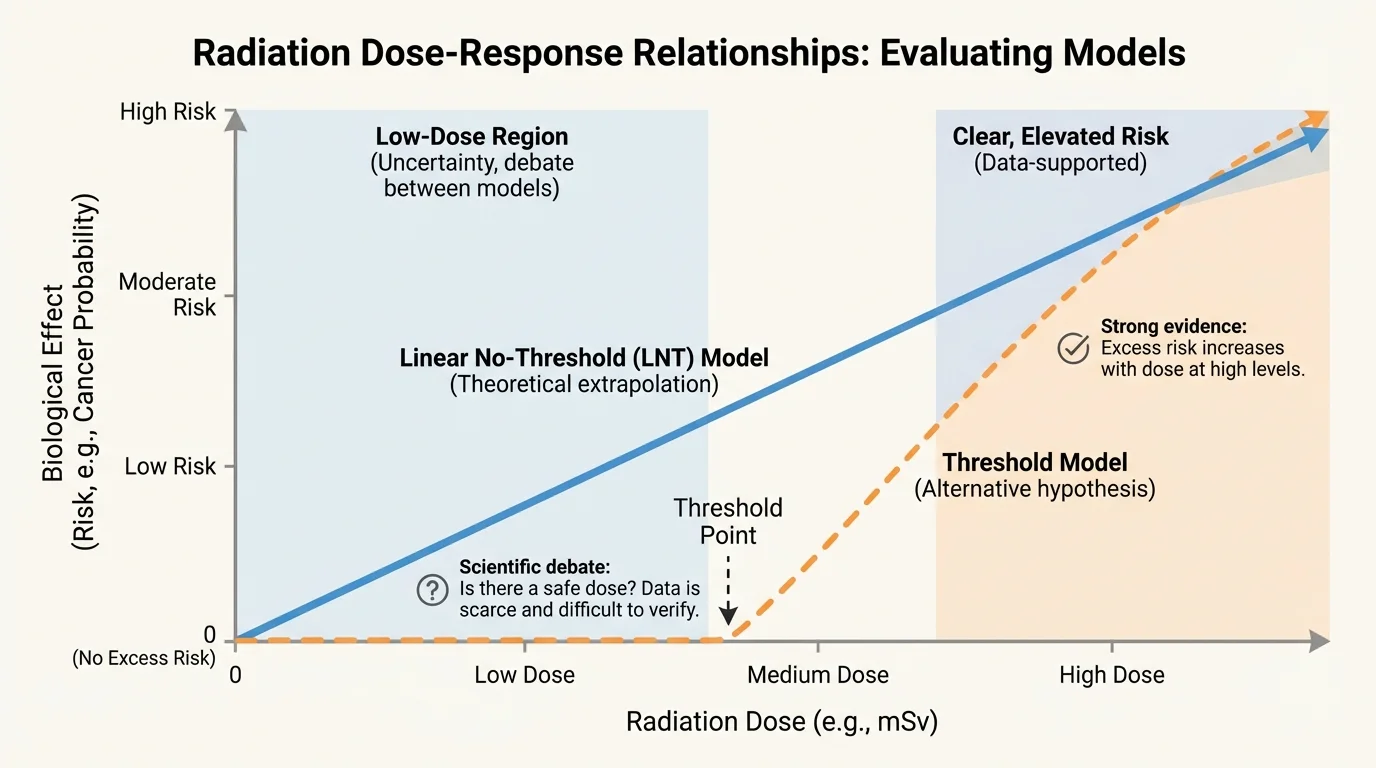 Graph showing radiation dose on the x-axis and biological effect on the y-axis with low-dose region, threshold example, and rising risk at higher dose