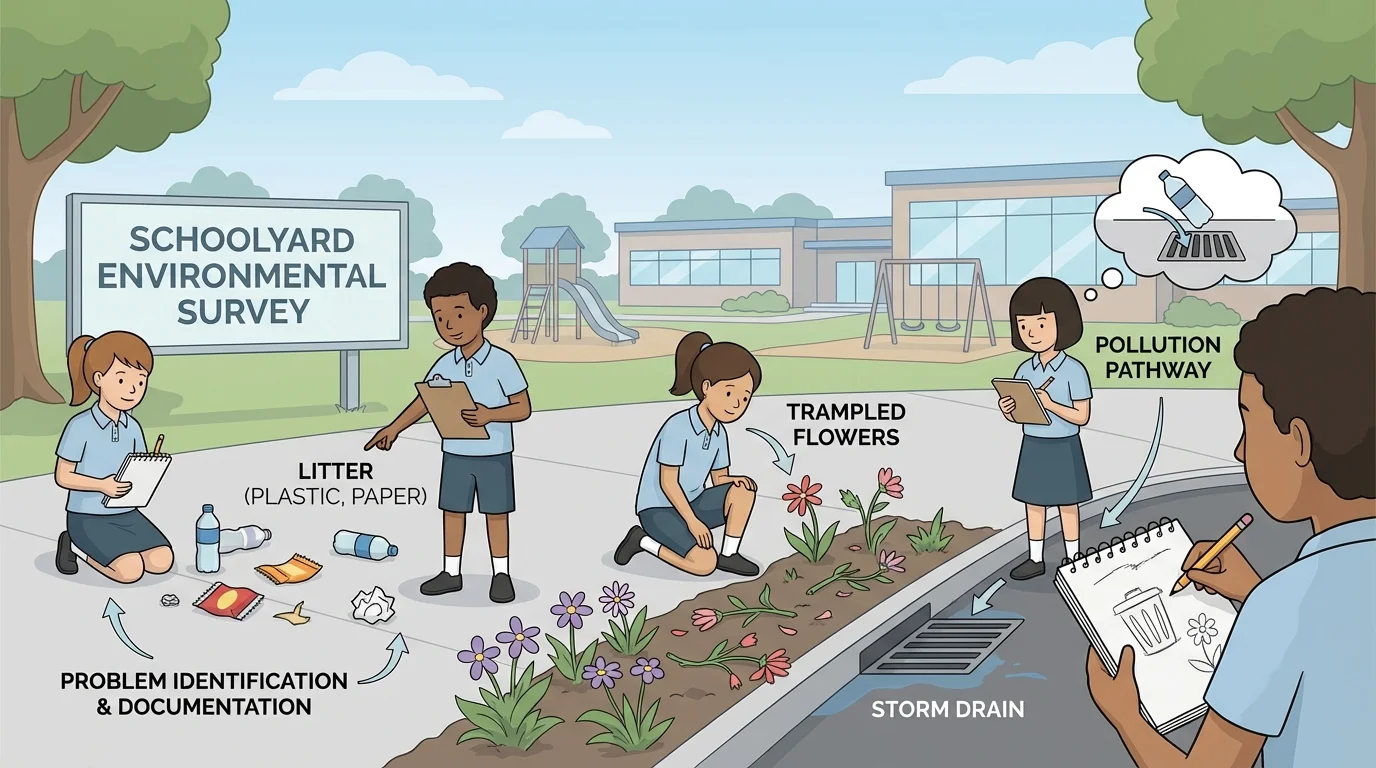 schoolyard with litter on the ground, trampled flowers near a path, a storm drain, and children noticing the problem areas