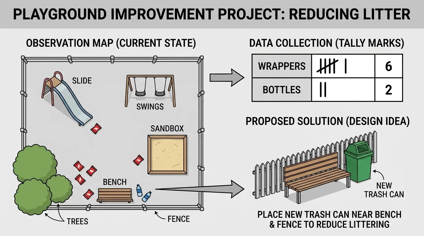 student science page with simple playground map, tally marks for 6 wrappers and 2 bottles, and a drawing showing a new trash can near a bench by the fence