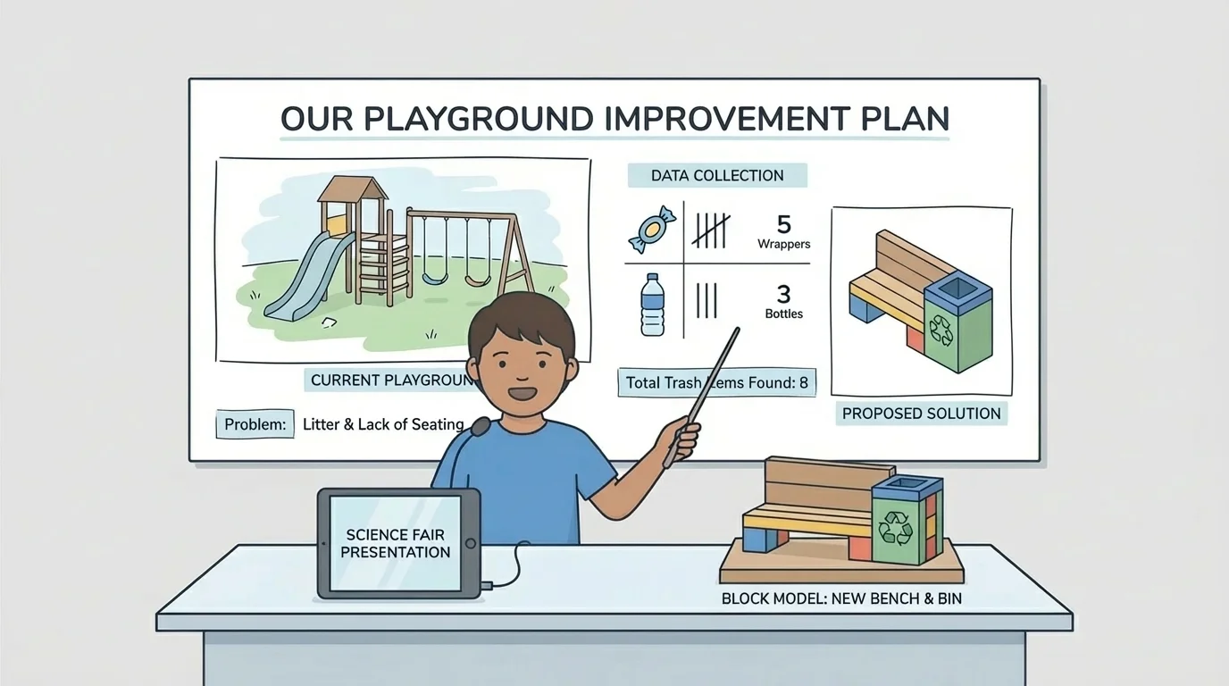 child sharing a science poster with a drawing of a playground, a small block model, short labels, and counted trash items like 5 wrappers and 3 bottles