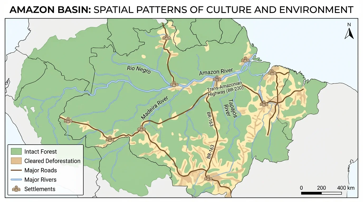 Amazon Basin map showing intact forest, major roads and rivers, and cleared deforestation corridors extending outward from transport routes and settlements