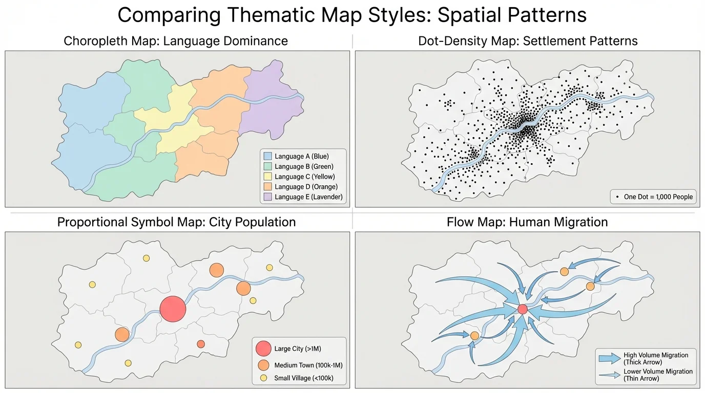 Four-panel comparison of thematic map styles showing the same region with choropleth shading, dot-density settlement pattern, proportional city symbols, and migration flow arrows