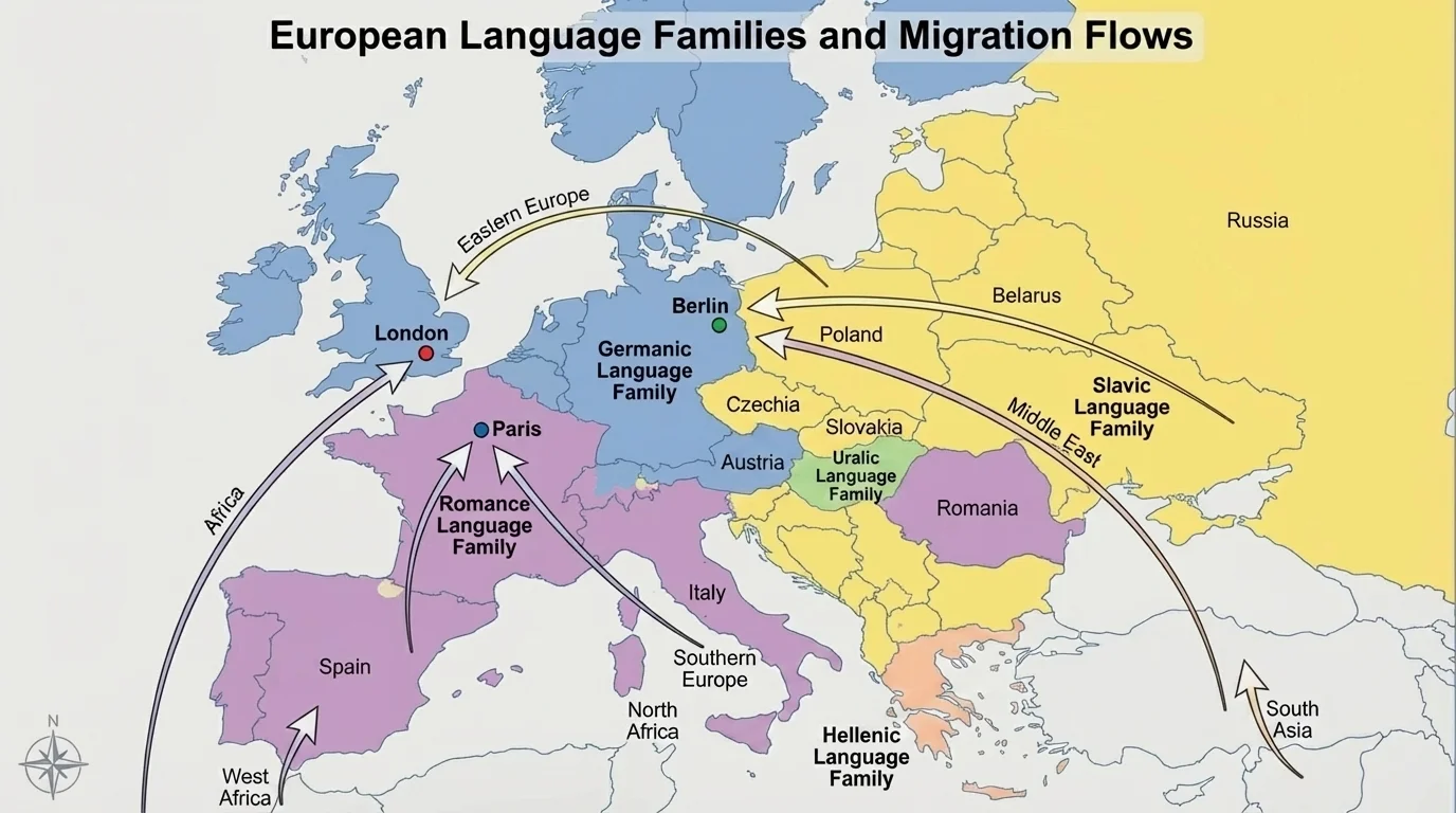 Europe map with major language-family regions shaded and selected migration arrows into major cities such as London, Paris, and Berlin