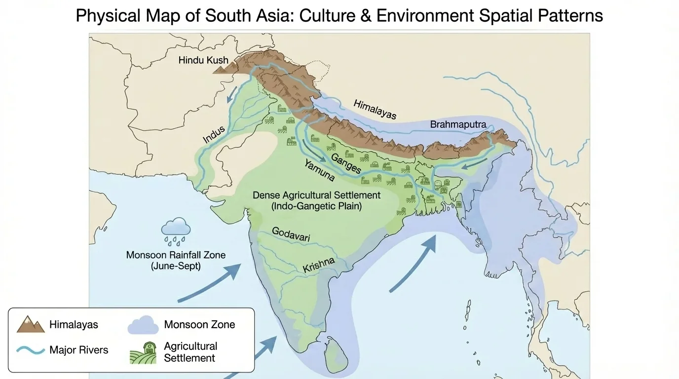 Physical map of South Asia showing the Himalayas, major rivers, monsoon rainfall zone, and dense agricultural settlement in the Indo-Gangetic Plain