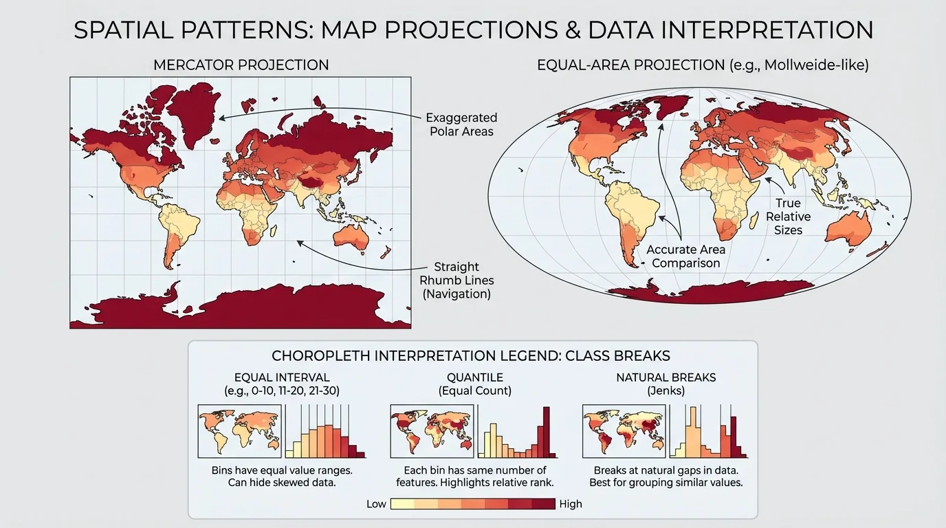 Side-by-side world maps comparing Mercator and equal-area projections, with a small legend showing how different class breaks change choropleth interpretation