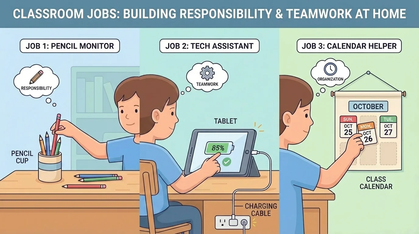 child in a home study space doing simple jobs like putting pencils in a cup, checking device battery, and setting a calendar card