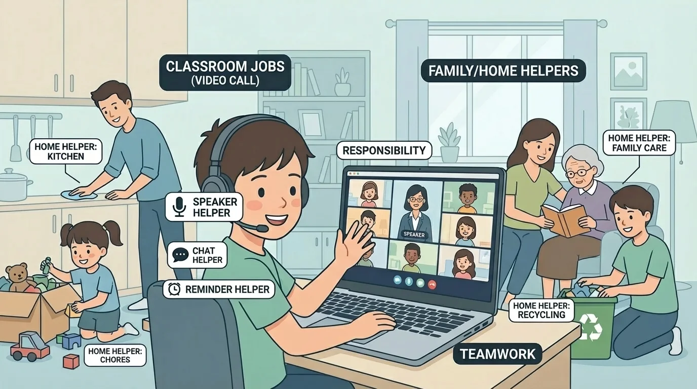 child on a video call smiling while taking turns as speaker helper, chat helper, and reminder helper with family/home helpers nearby