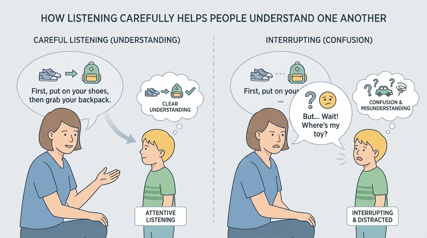 side-by-side illustration of a parent giving directions and a child listening carefully on one side, interrupting and confused on the other