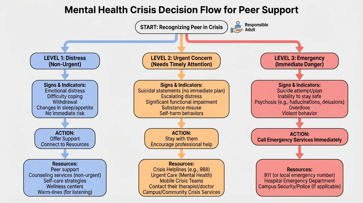 Decision flow for mental health crisis levels with branches for distress, urgent concern, and emergency, including signs such as suicidal statements, inability to stay safe, psychosis, overdose, and which level of help to contact