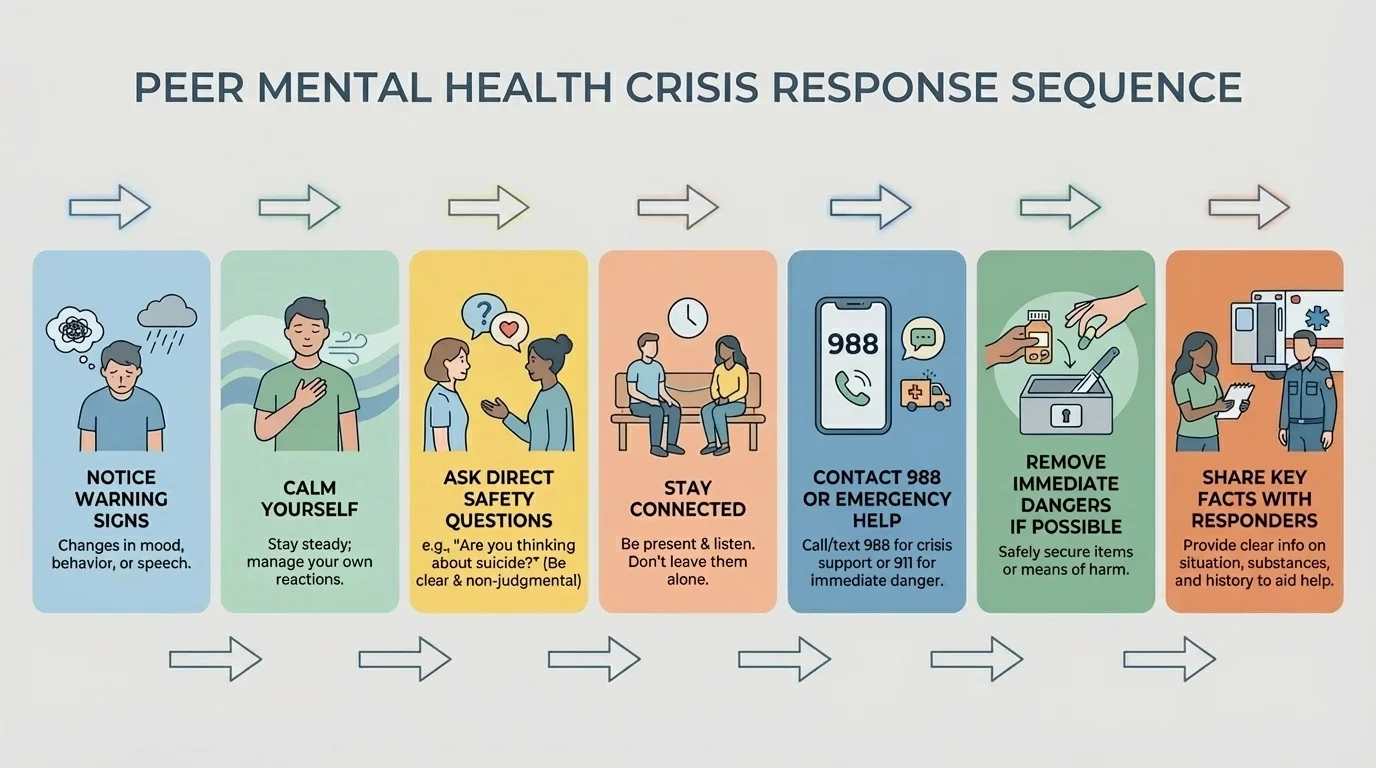 Peer mental health crisis response sequence with boxes for notice warning signs, calm yourself, ask direct safety questions, stay connected, contact 988 or emergency help, remove immediate dangers if possible, and share key facts with responders