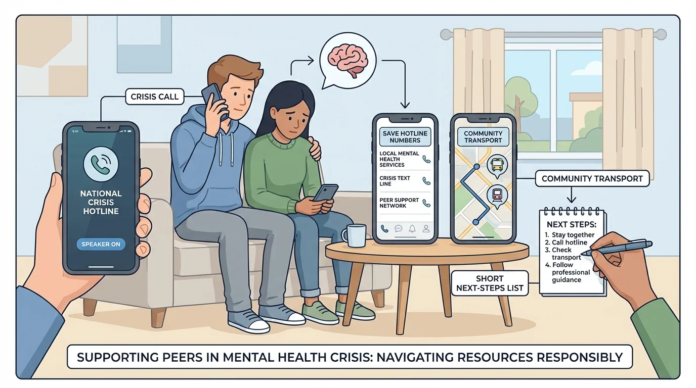 Young adult supporting a friend while making a crisis call, saving hotline numbers, checking transportation on a phone, and writing a short next-steps list