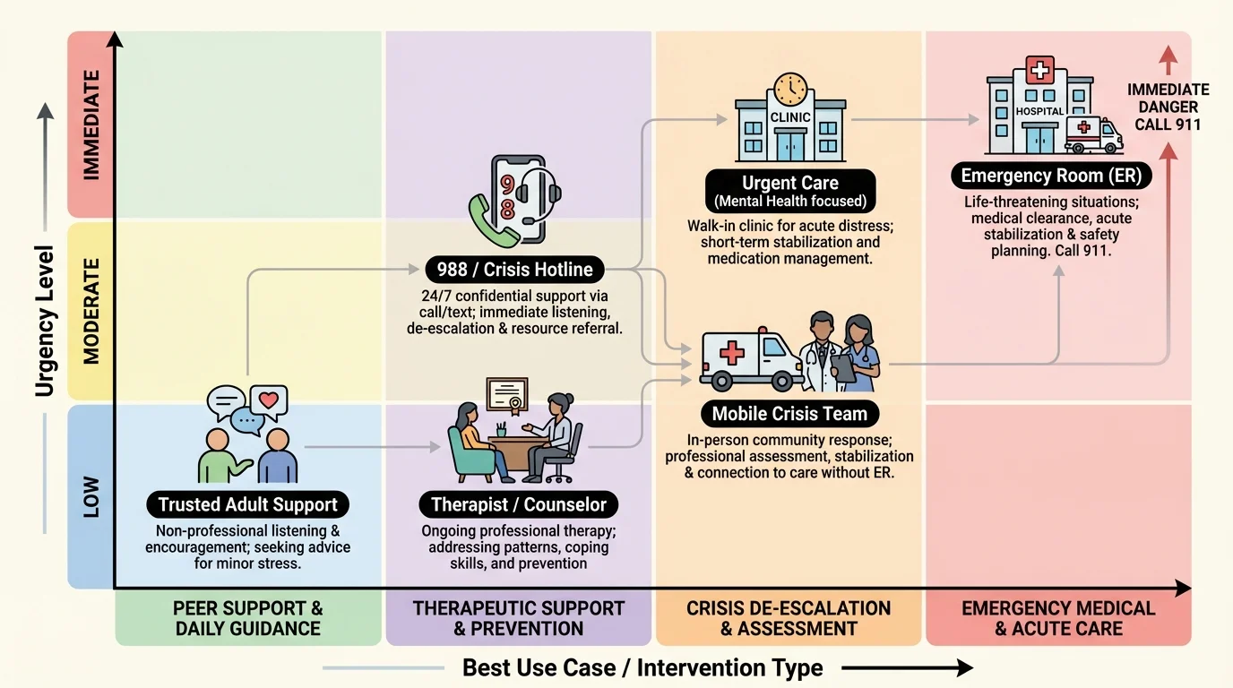 Comparison chart of community mental health resources including 988, crisis hotline, mobile crisis team, therapist, urgent care, emergency room, and trusted adult support, organized by urgency level and best use case