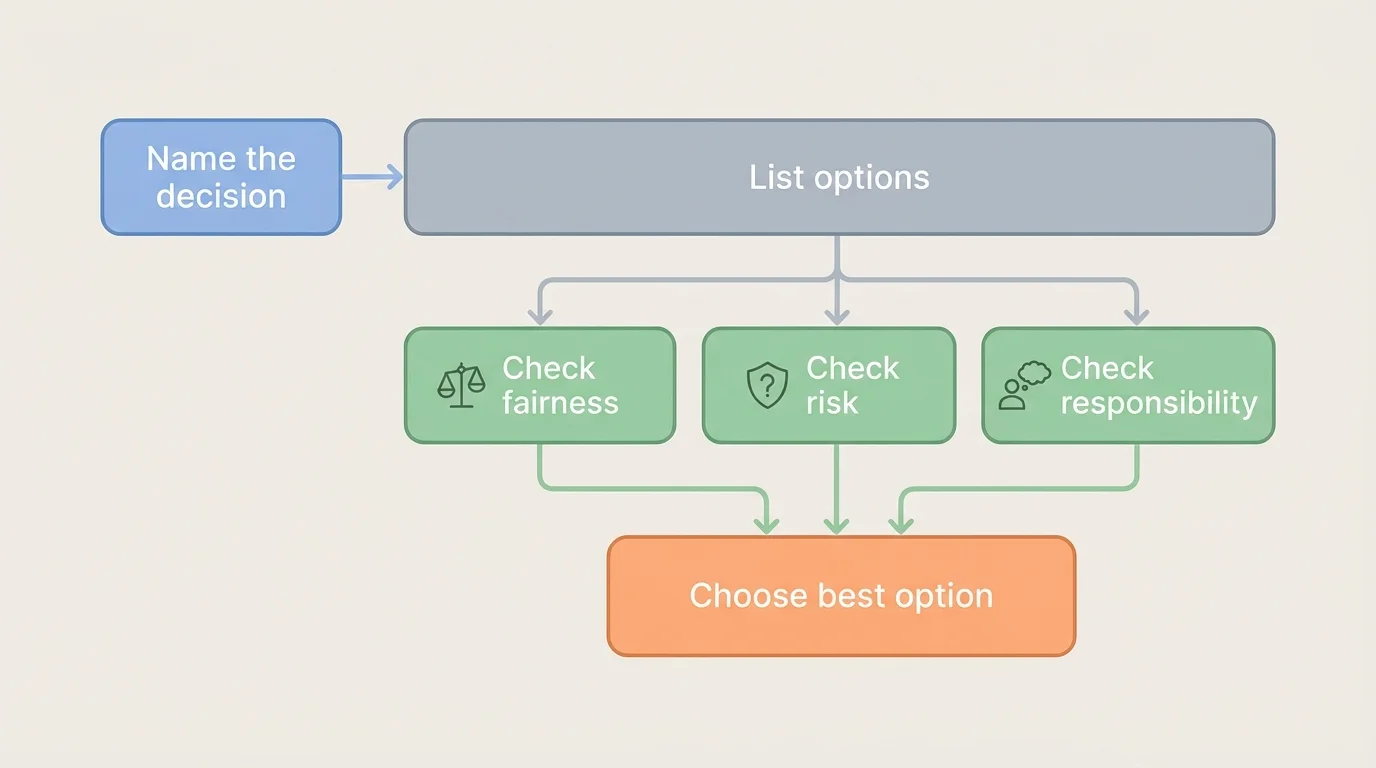 decision-making flowchart with boxes labeled name the decision, list options, check fairness, check risk, check responsibility, choose best option