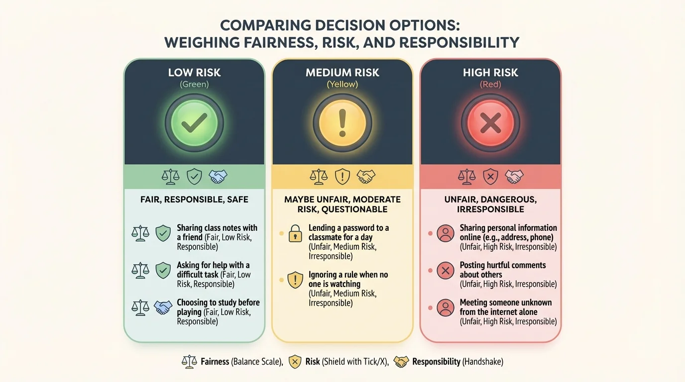 traffic-light style risk scale with green low risk examples, yellow medium risk examples, red high risk examples including sharing personal information online