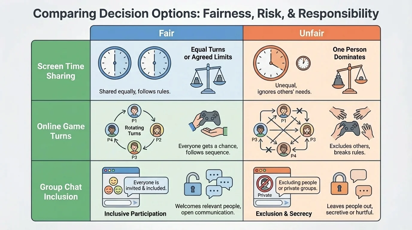 comparison chart with three rows showing screen time sharing, online game turns, and group chat inclusion, with columns labeled fair and unfair
