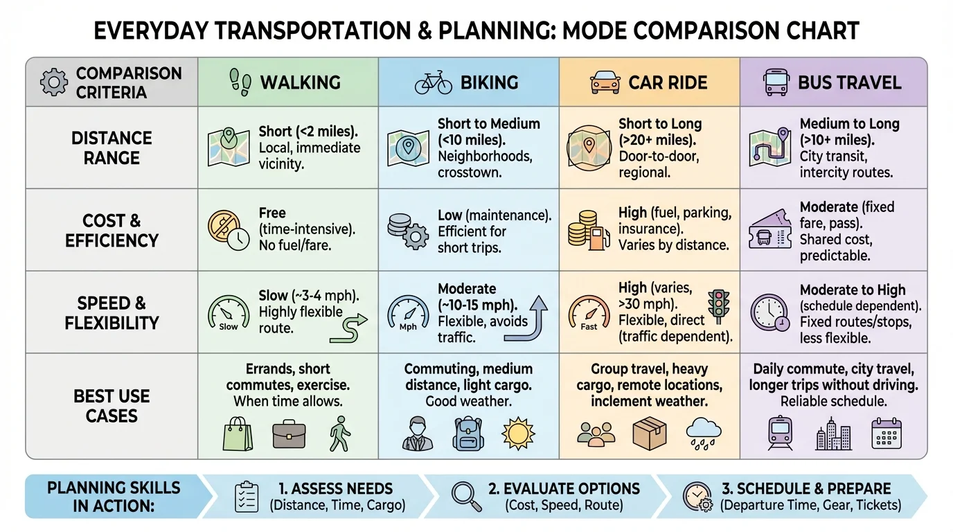 chart comparing walking, biking, car rides, and bus travel for distance, cost, speed, and when each is useful
