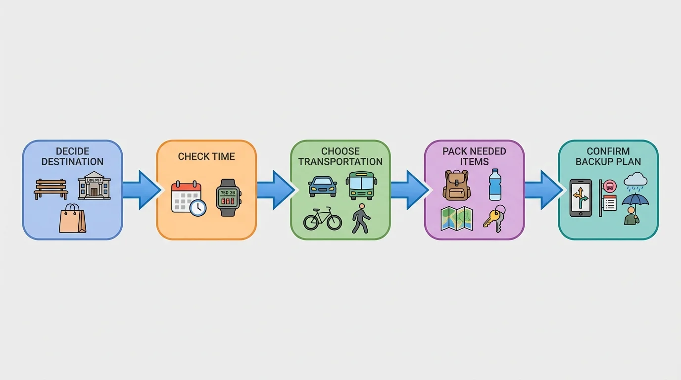 flowchart showing planning steps: decide destination, check time, choose transportation, pack needed items, confirm backup plan