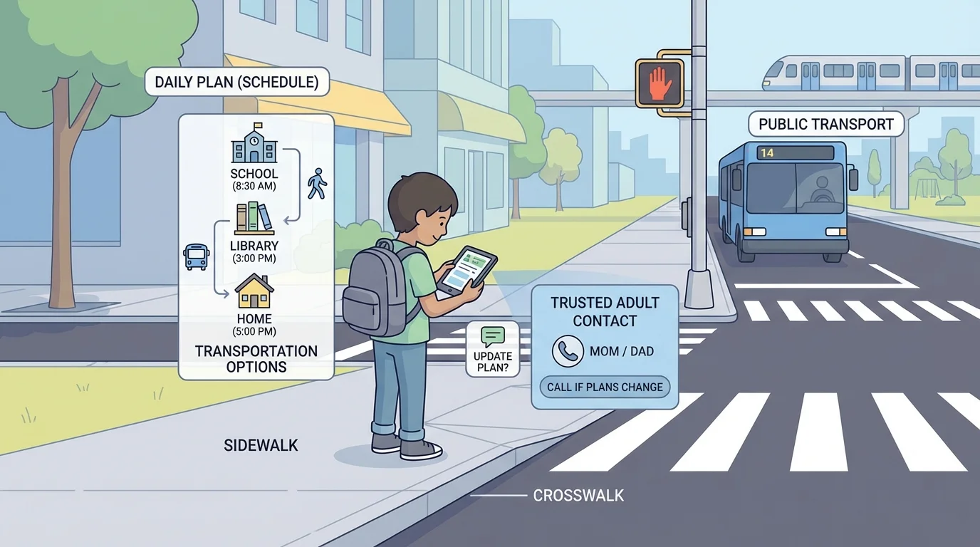 illustration of a child checking a phone or paper plan, staying on sidewalk, noticing crosswalk, and contacting a trusted adult if plans change