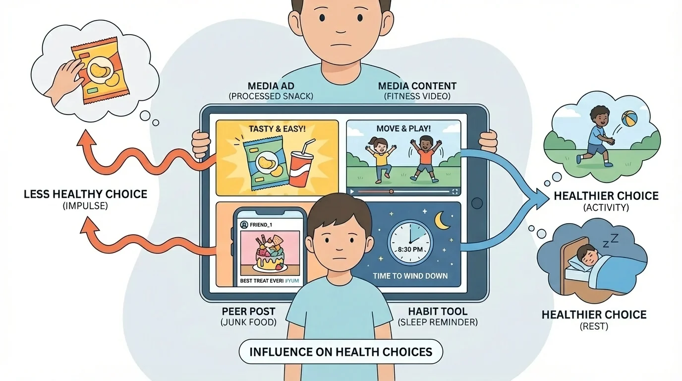 child viewing a tablet with examples of an ad, a fitness video, a colorful junk food post, and a sleep reminder, with arrows showing how each message can influence health choices