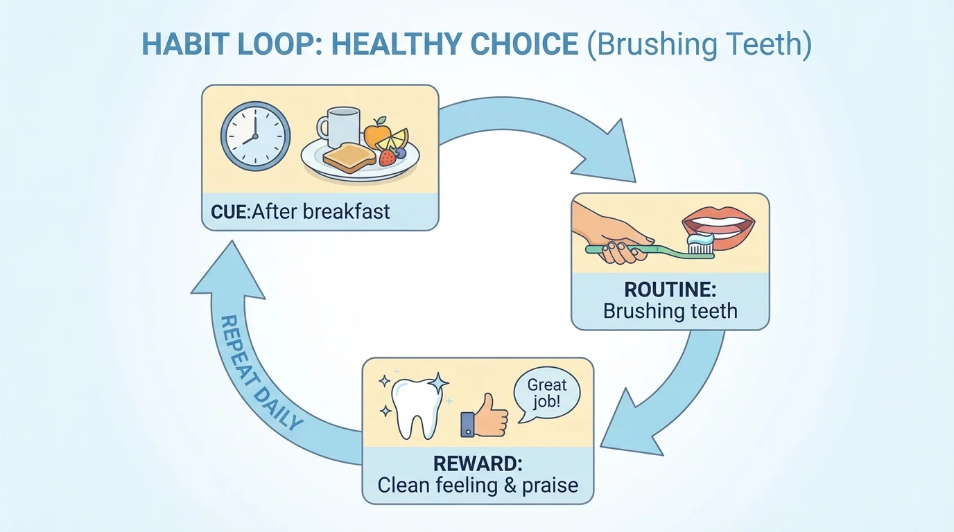 habit loop showing cue after breakfast, routine brushing teeth, reward clean feeling and praise, then arrow returning to repeat daily