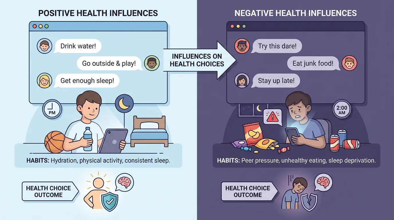 split scene of an online group chat, one side encouraging water, outdoor play, and bedtime, the other side pressuring someone to try a risky online dare and eat junk food late at night