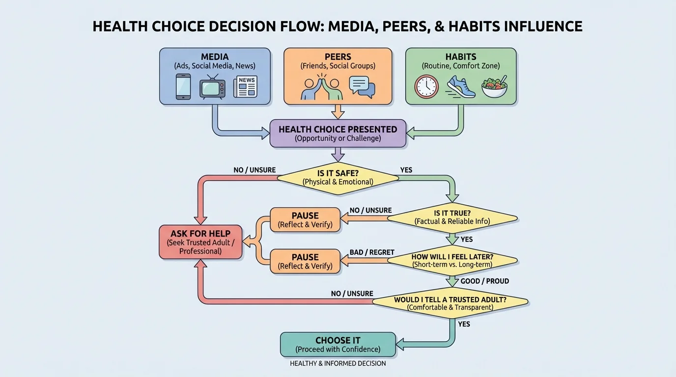 decision flow with boxes asking Is it safe, Is it true, How will I feel later, Would I tell a trusted adult, leading to Choose it, Pause, or Ask for help