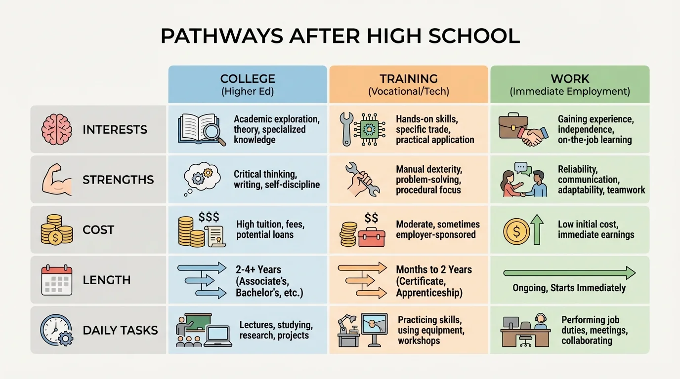 chart with rows for interests, strengths, cost, length, and daily tasks, comparing college, training, and work