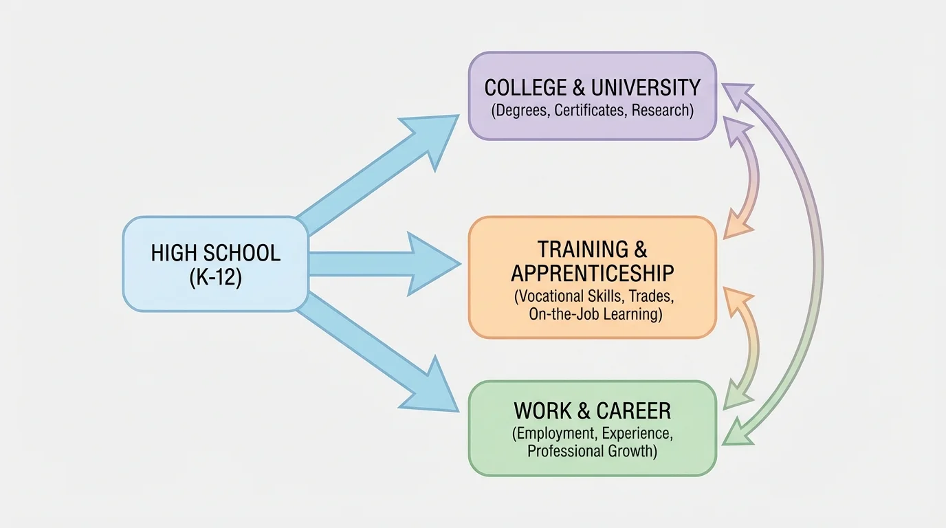 flowchart showing high school leading to college, training or apprenticeship, and work, with arrows showing that people can move between paths later
