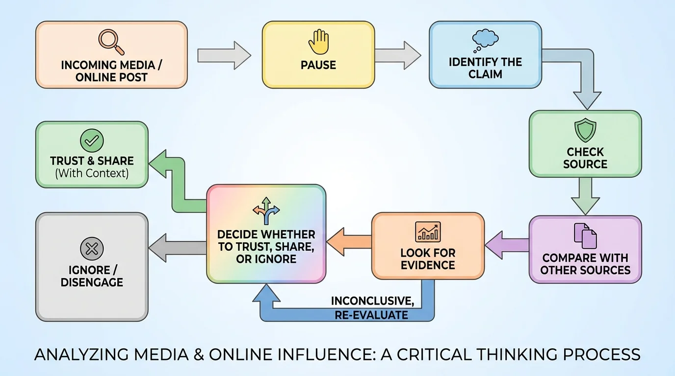 flowchart with boxes labeled pause, identify the claim, check source, compare with other sources, look for evidence, decide whether to trust, share, or ignore