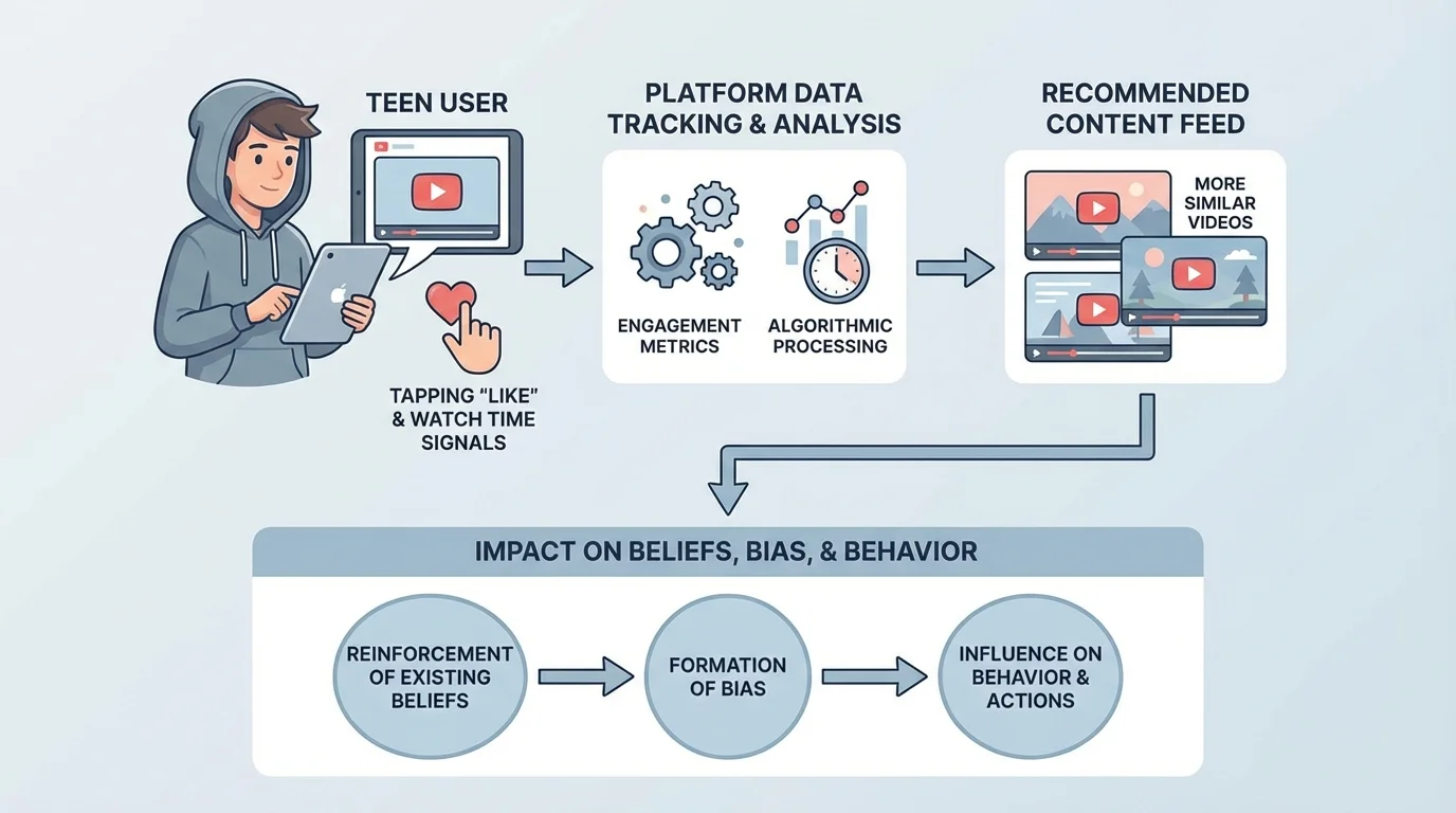 flowchart of a teen viewing a video, tapping like and watch time signals, platform tracking engagement, and feed showing more similar recommended content
