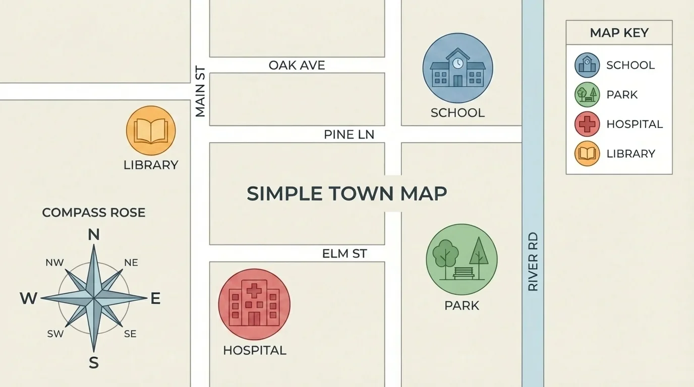 Simple town map with school, park, hospital, and library symbols connected to a map key