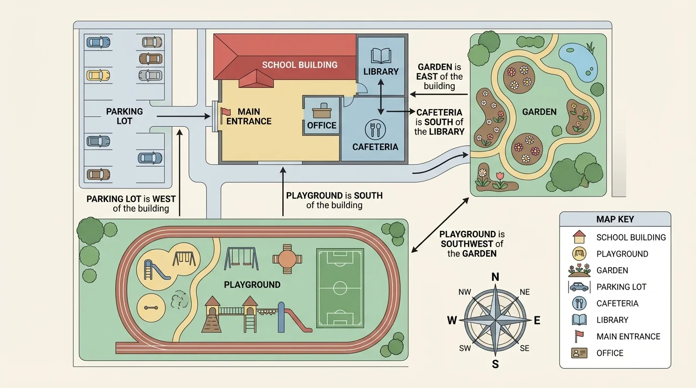 School grounds map with compass rose, key, and labeled places such as playground, office, cafeteria, and garden
